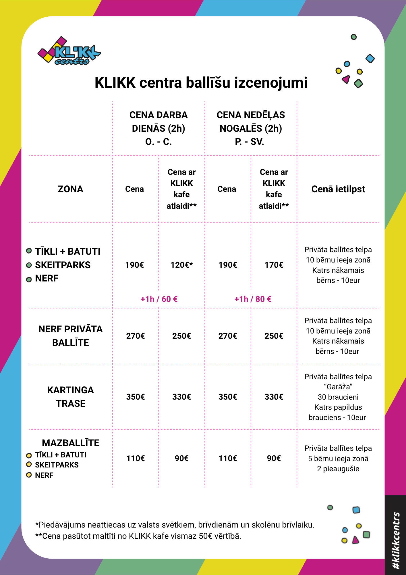 KLIKK centra ballīšu izcenojumi