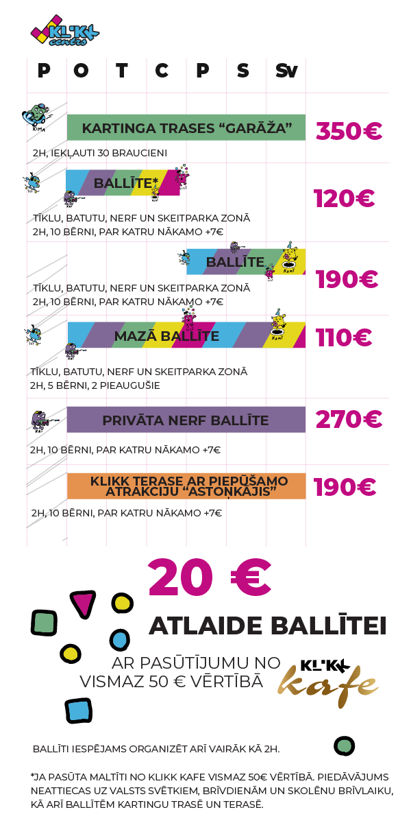 KLIKK centra ballīšu cenu piedāvājums, iespējas